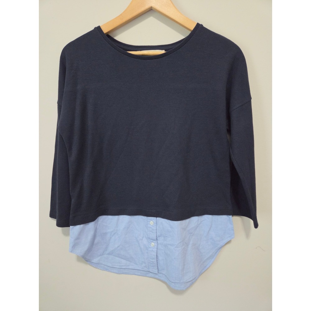 Ann Taylor LOFT Womens Navy Blue Mixed Media Layered Look Sweater Shirt Top S